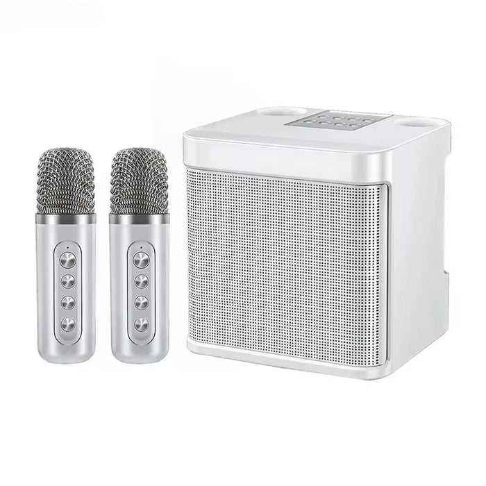 White portable karaoke speaker with two microphones