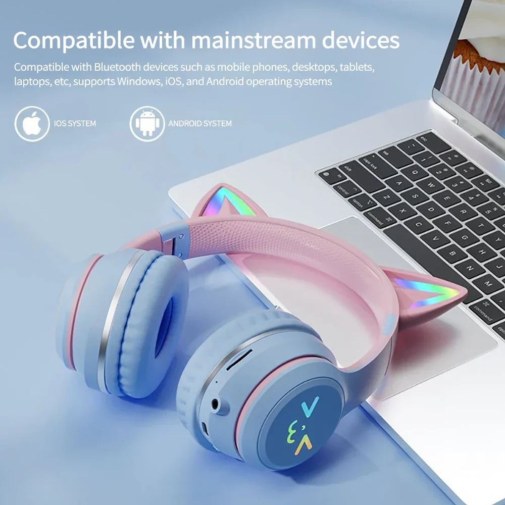 Casque Bluetooth à oreilles de chat, bleu