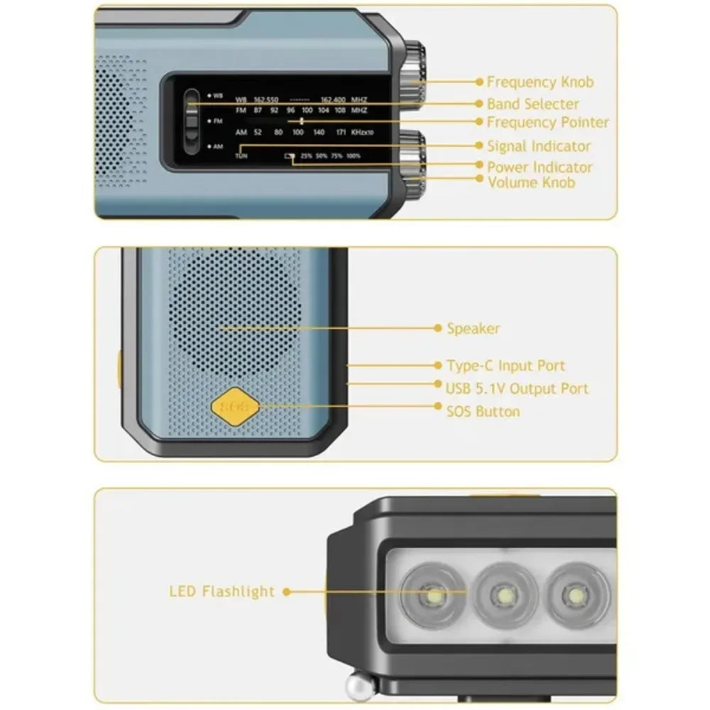 Radio d’urgence solaire avec lampe torche LED, bleue