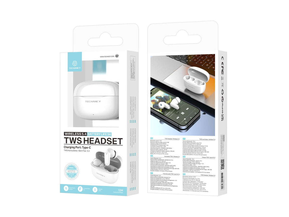 Słuchawki Techancy TWS KP2715 Bluetooth 5.4 z mikrofonem HD, białe