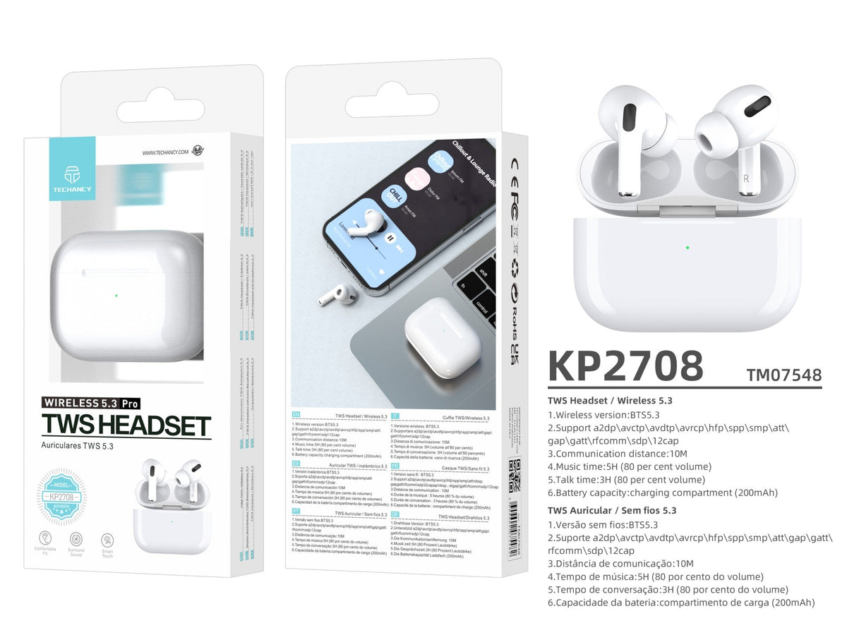 Słuchawki Techancy TWS KP2708 Bluetooth 5.3, białe, do 5 h odtwarzania