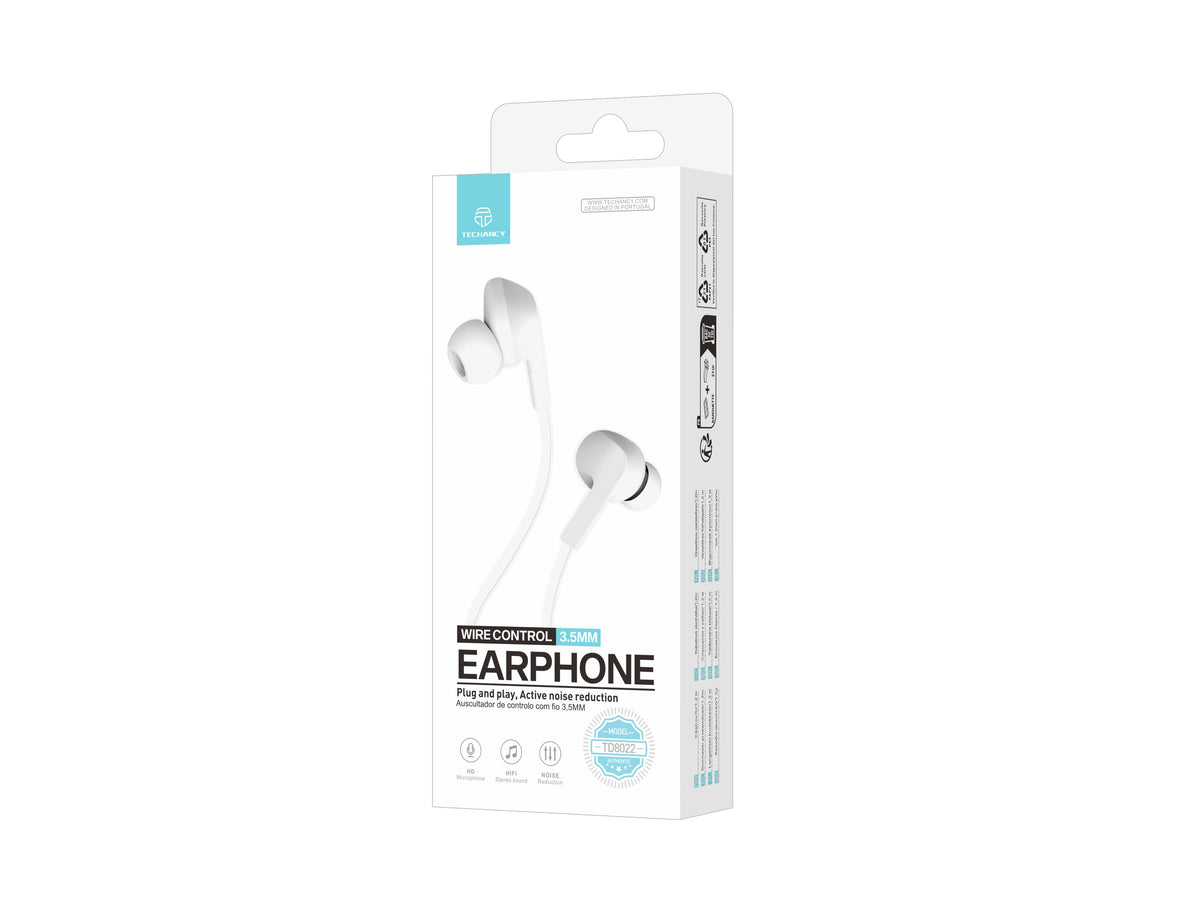 White Techancy TD8022 wired 3.5 mm earphones with microphone