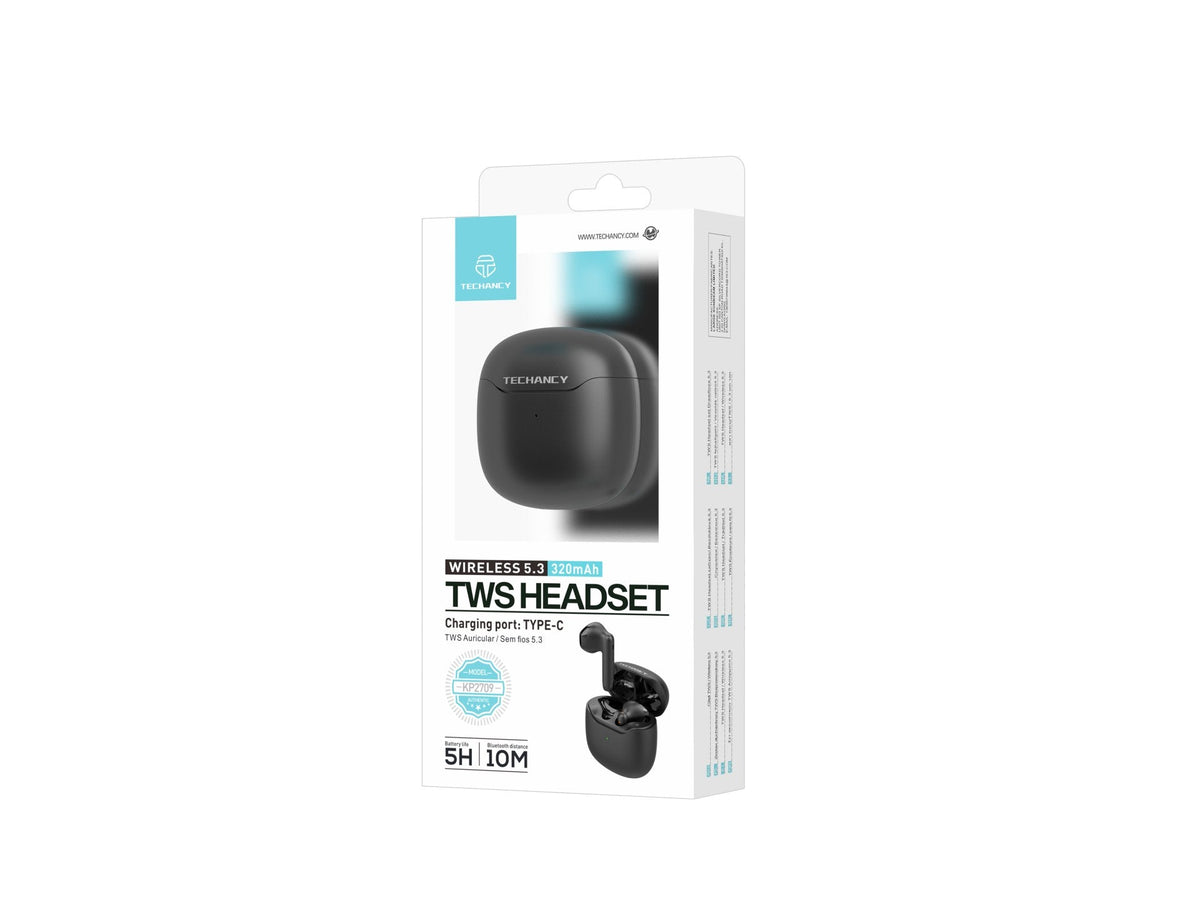 Écouteurs Techancy KP2709 TWS Bluetooth 5.3, 10 m, 5 h de musique, boîtier 320 mAh, noirs